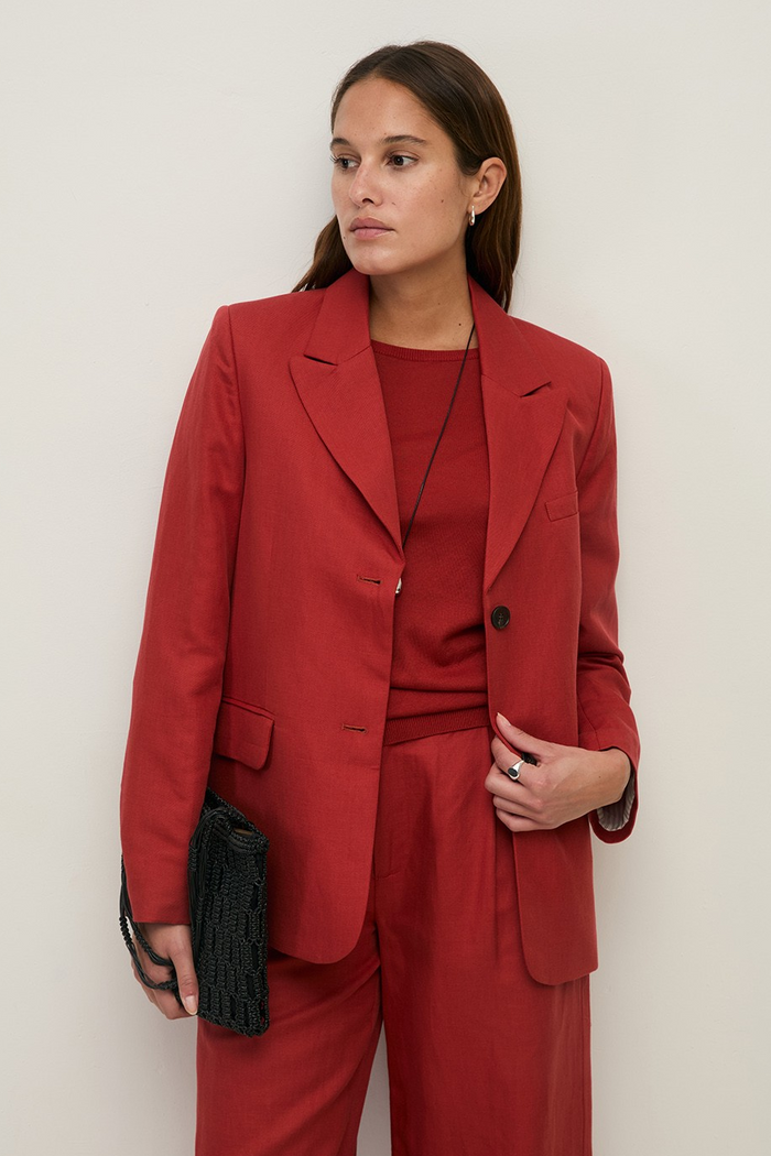 Linen Blend Blazer - Dark Red