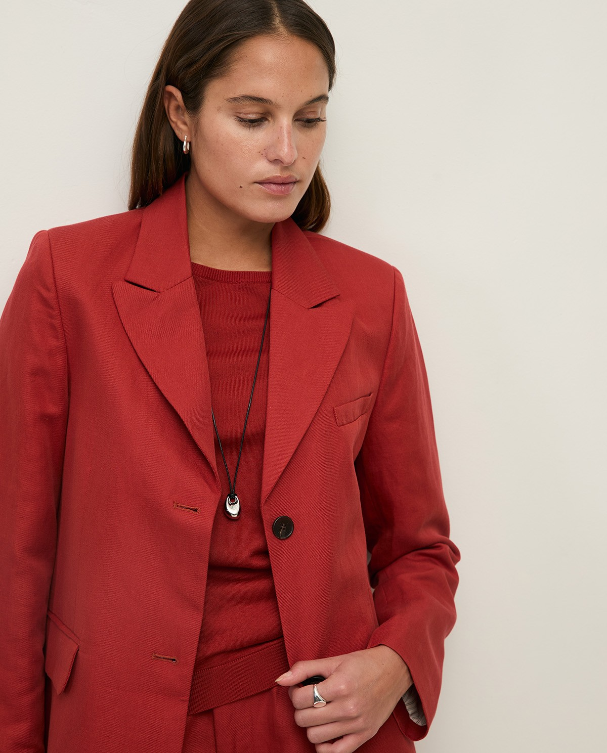 Linen Blend Blazer - Dark Red