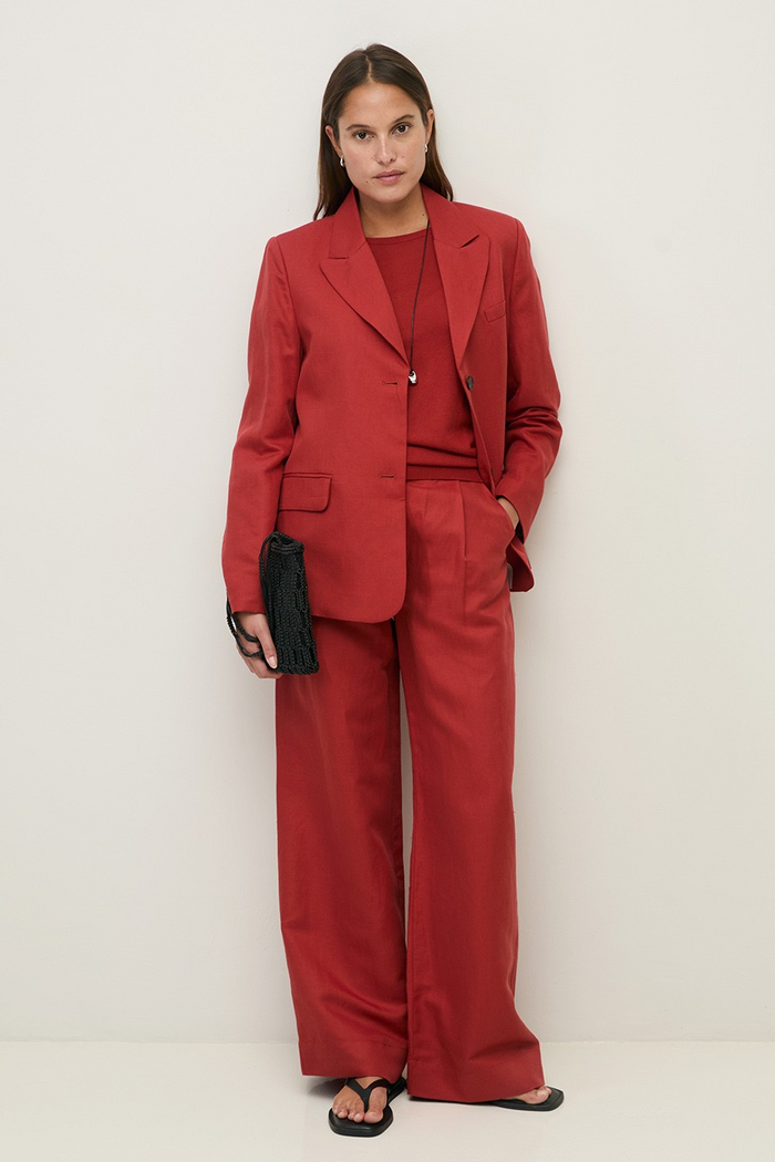 Linen Blend Blazer - Dark Red