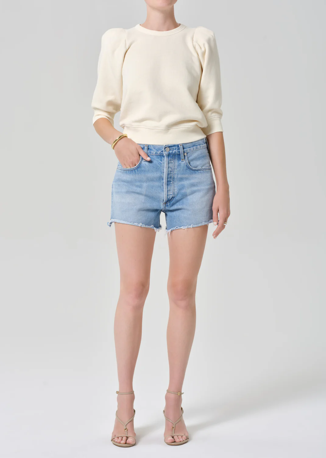 Pleated Short Sleeve Crewneck - Cream