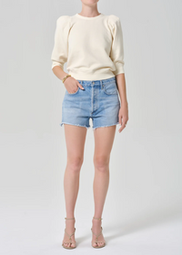 Pleated Short Sleeve Crewneck - Cream