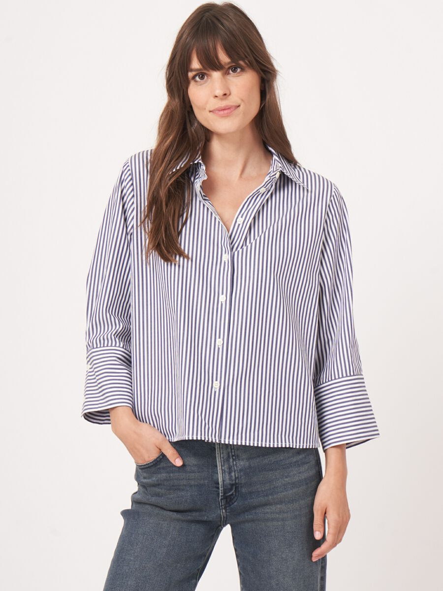 Cotton Blouse With Stripes - Dark Navy