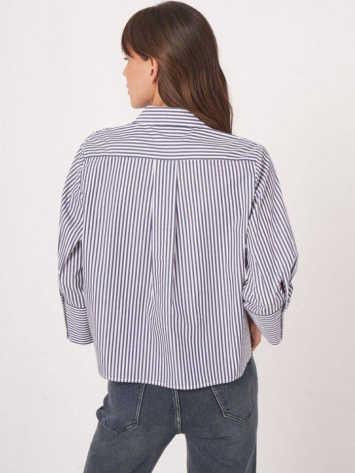 Cotton Blouse With Stripes - Dark Navy