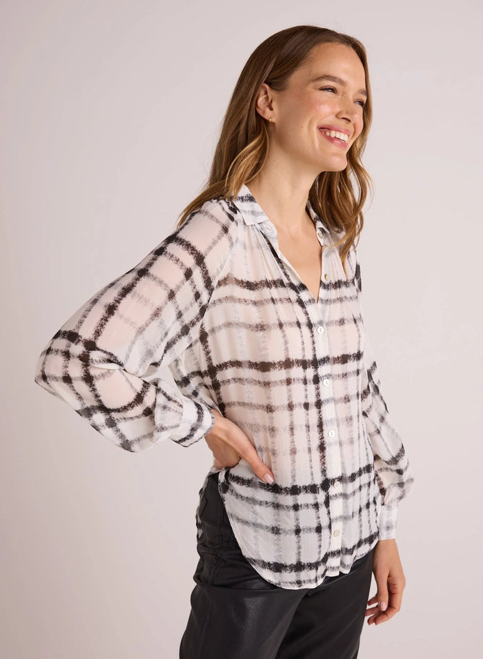 Flowy Raglan Sleeve Shirt - Brushed Plaid Print