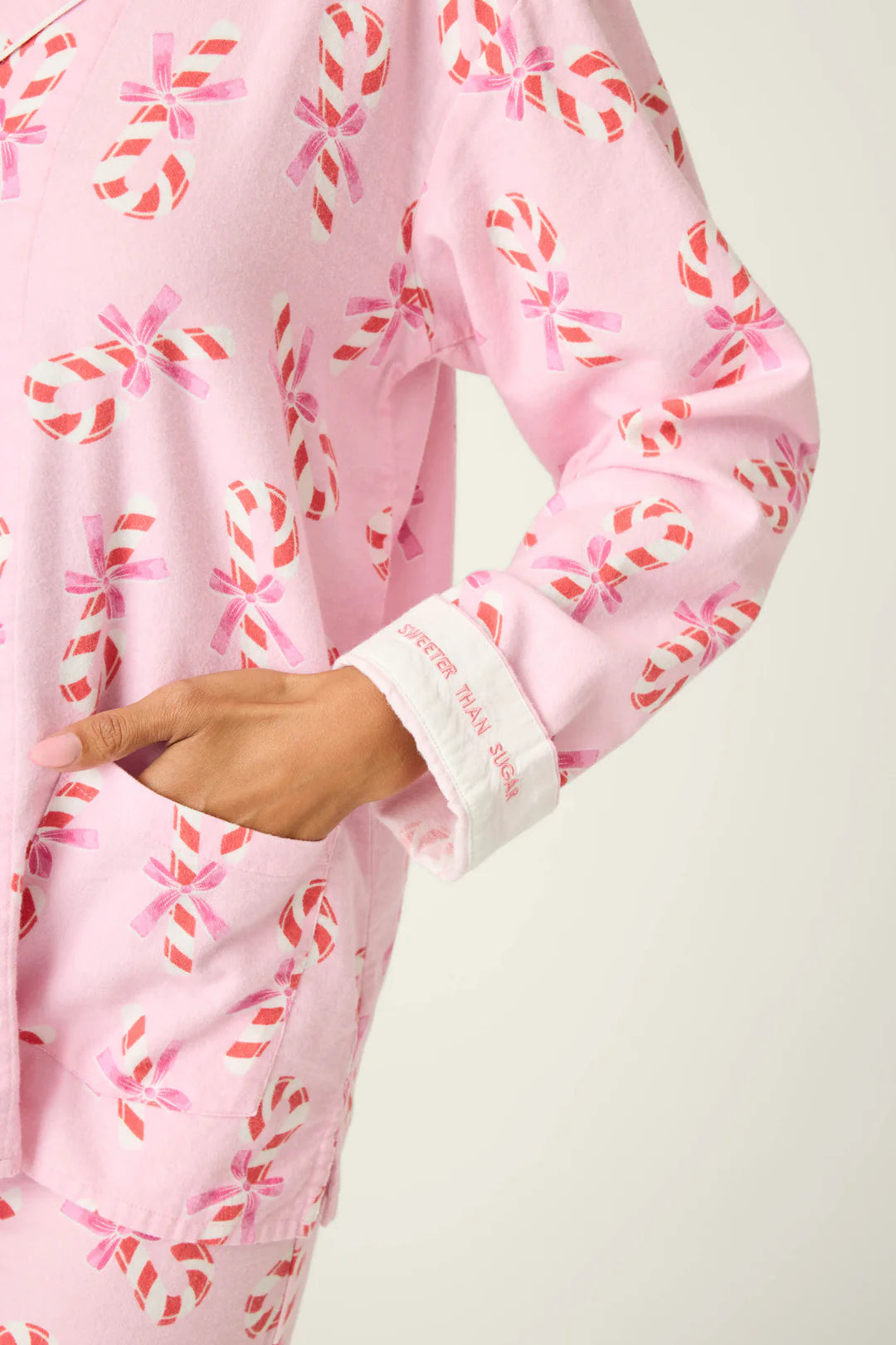 Sweeter Than Sugar Candy Cane Print Flannel PJ Set - Baby Pink