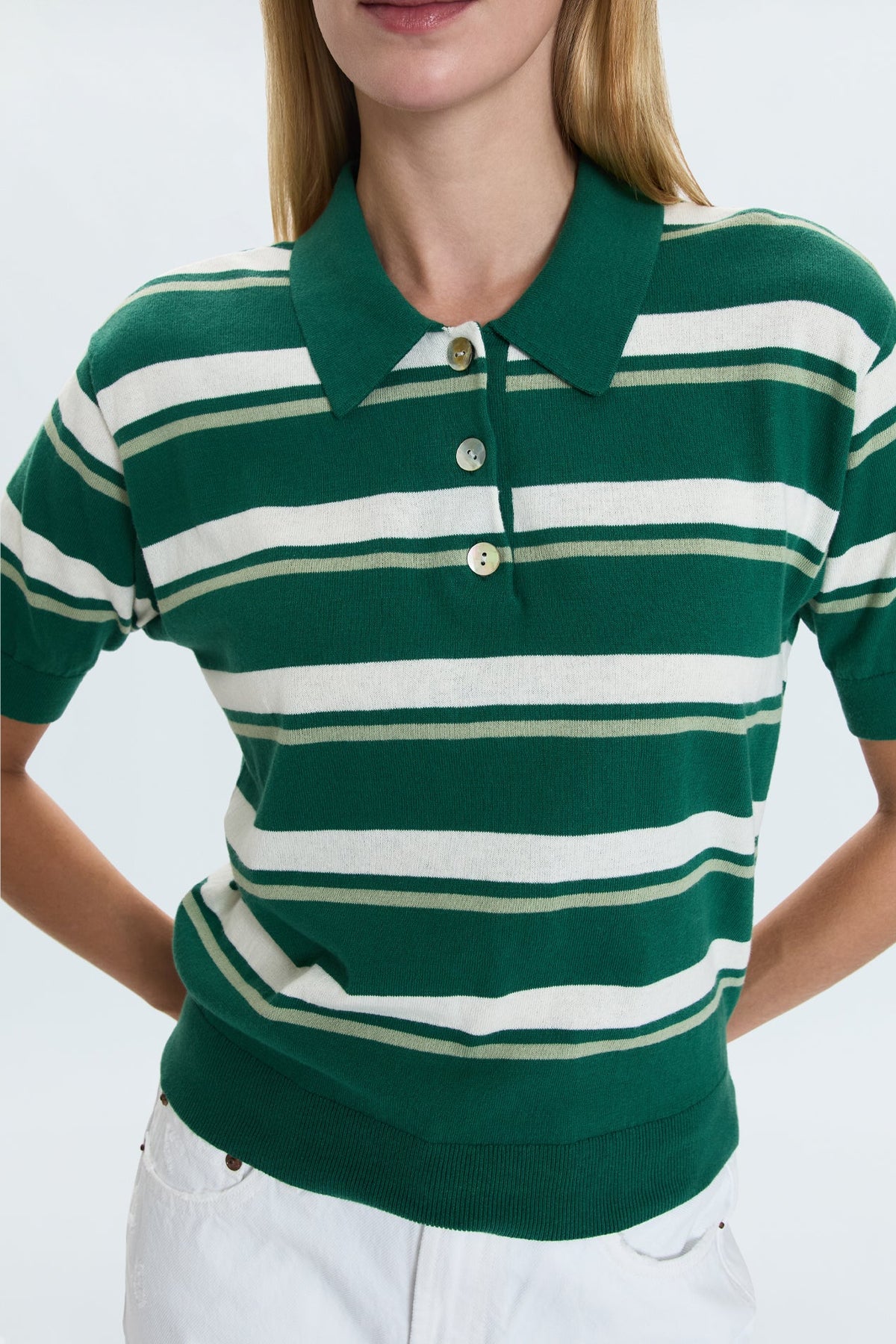 Drea Cropped Polo - Emerald Stripe