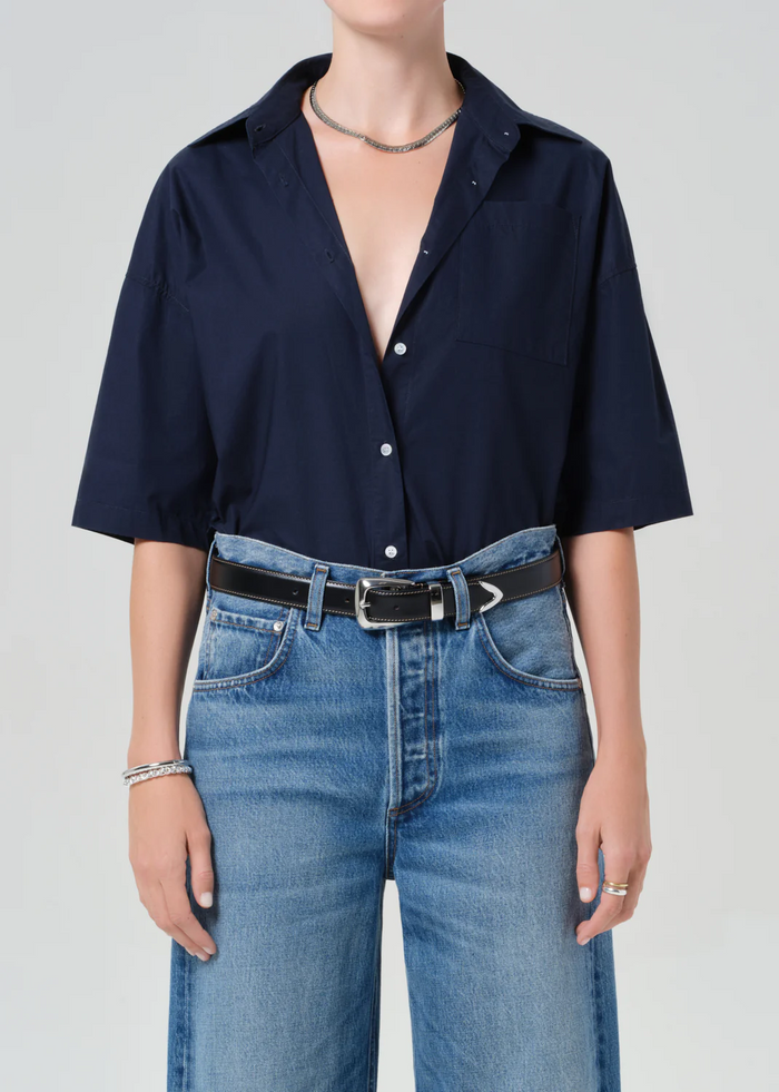 Frances Cropped Cape Button Up - Navy