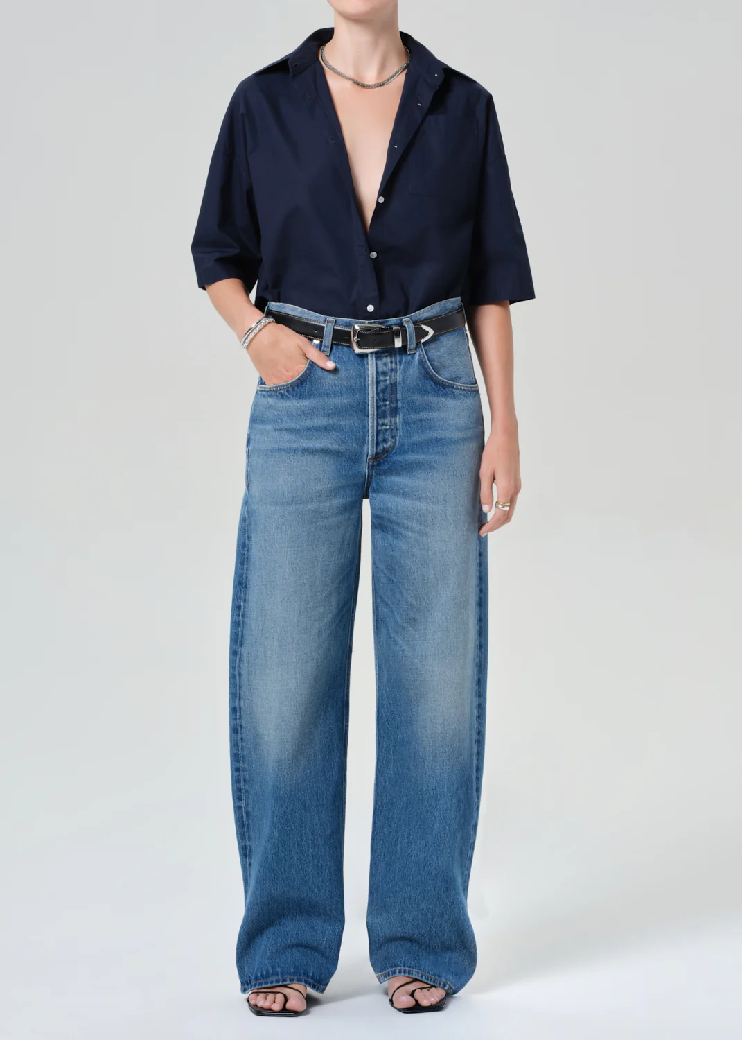 Frances Cropped Cape Button Up - Navy