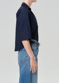 Frances Cropped Cape Button Up - Navy