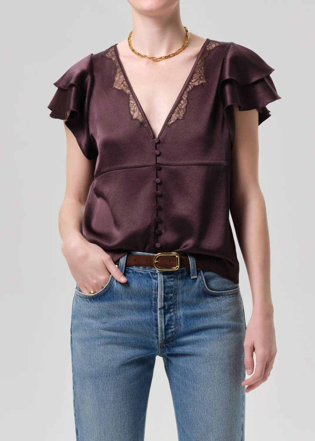 Lola Flutter Lace Sleeve Top - Espresso