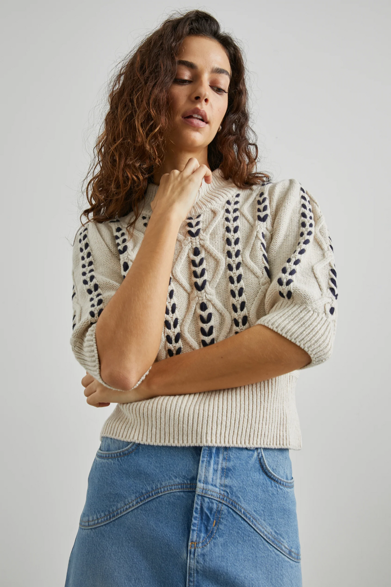 Addy Sweater - Oatmeal Navy Cables