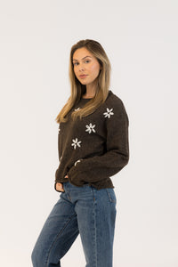 Aiden Daisy Crewneck Pullover - Dark Brown