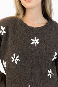 Aiden Daisy Crewneck Pullover - Dark Brown