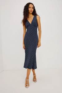 Audrina Dress - Navy Polka Dots