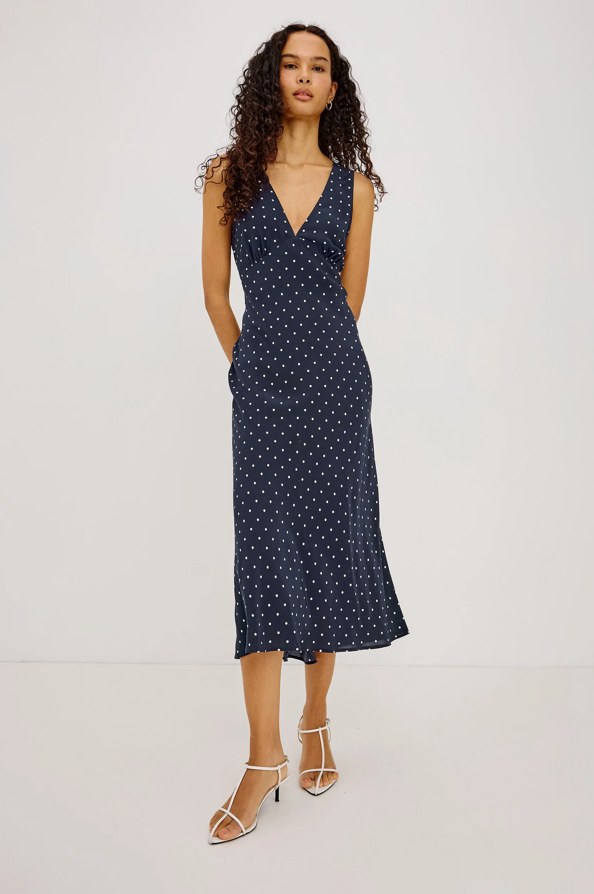 Audrina Dress - Navy Polka Dots