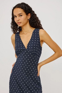Audrina Dress - Navy Polka Dots