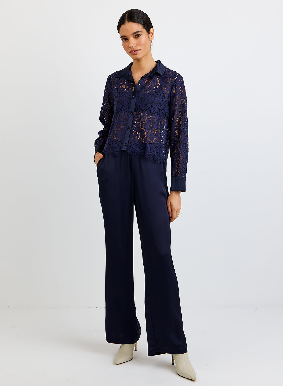 Lace Contrast Button Down - Midnight Sky