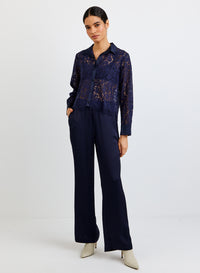 Lace Contrast Button Down - Midnight Sky