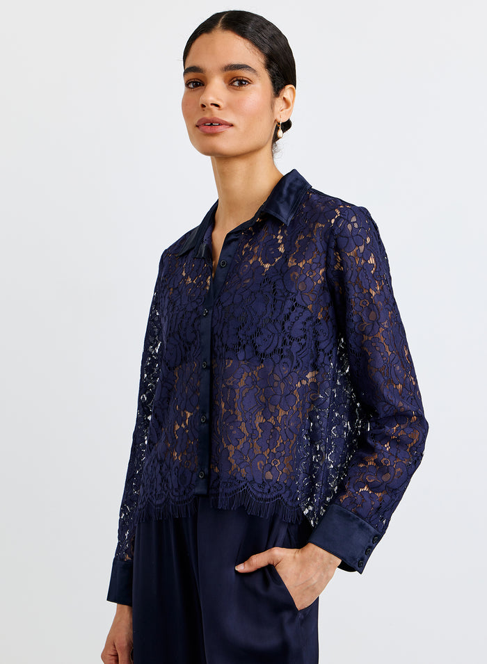 Lace Contrast Button Down - Midnight Sky