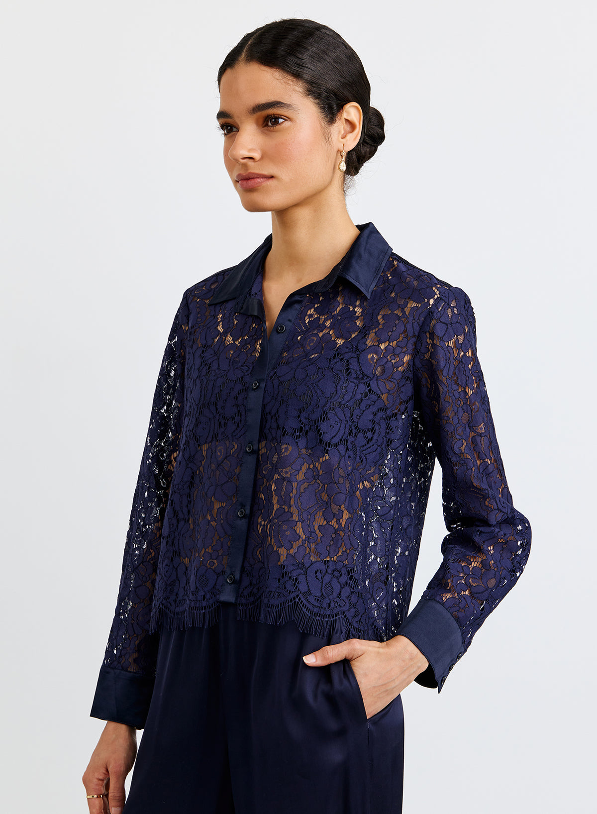 Lace Contrast Button Down - Midnight Sky