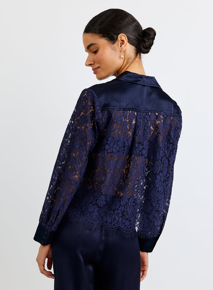 Lace Contrast Button Down - Midnight Sky