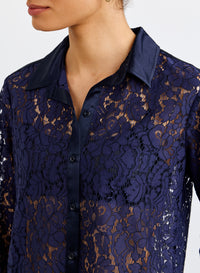 Lace Contrast Button Down - Midnight Sky