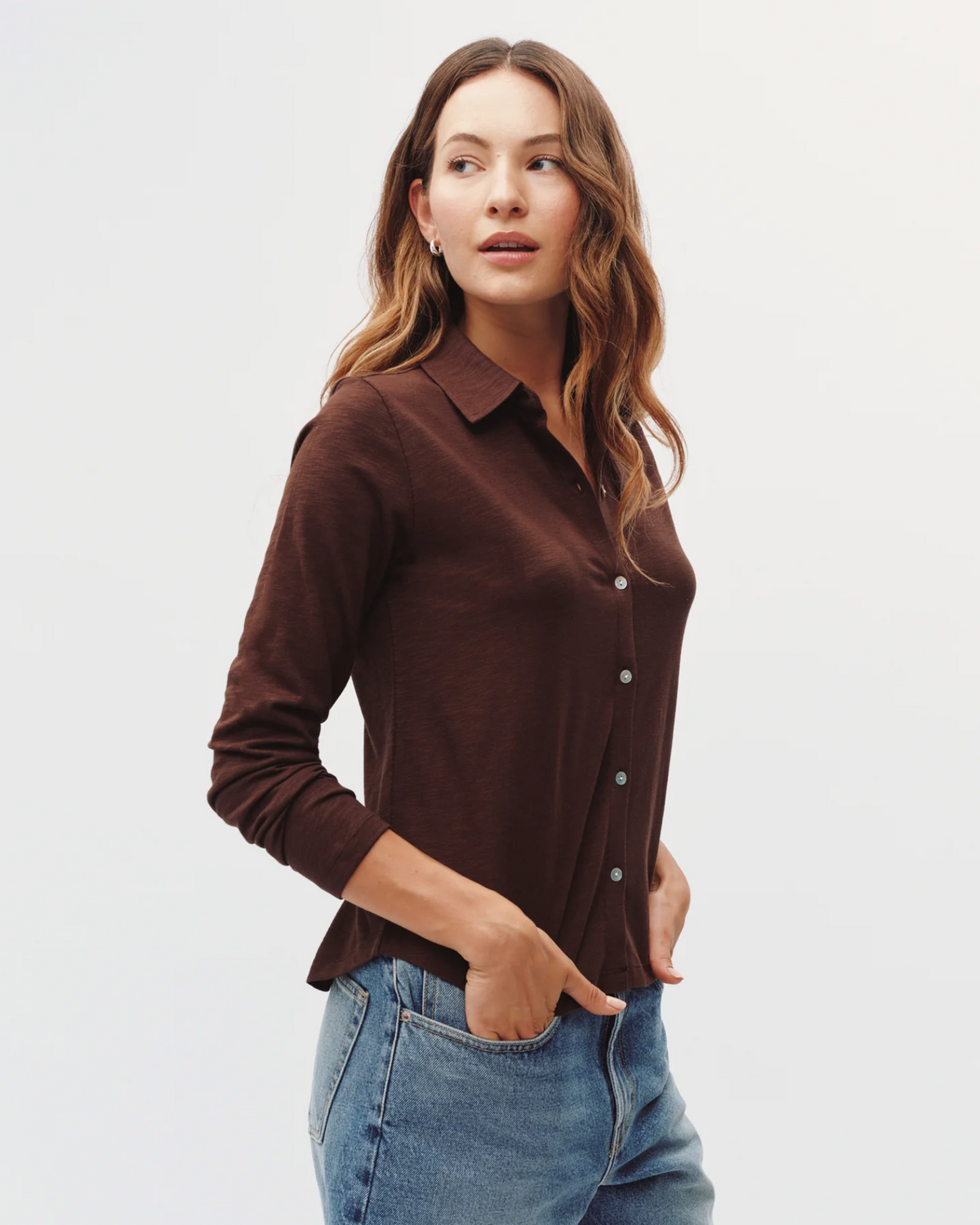 Button Down Knit Top - Dark Chestnut