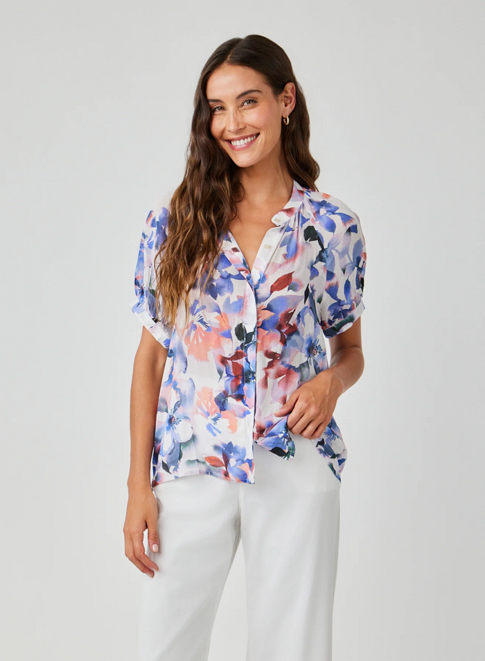 Short Sleeve Shirred Raglan Shirt - Magnolia Bloom Print