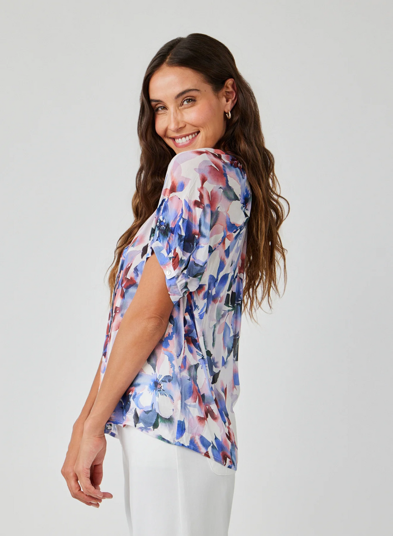 Short Sleeve Shirred Raglan Shirt - Magnolia Bloom Print