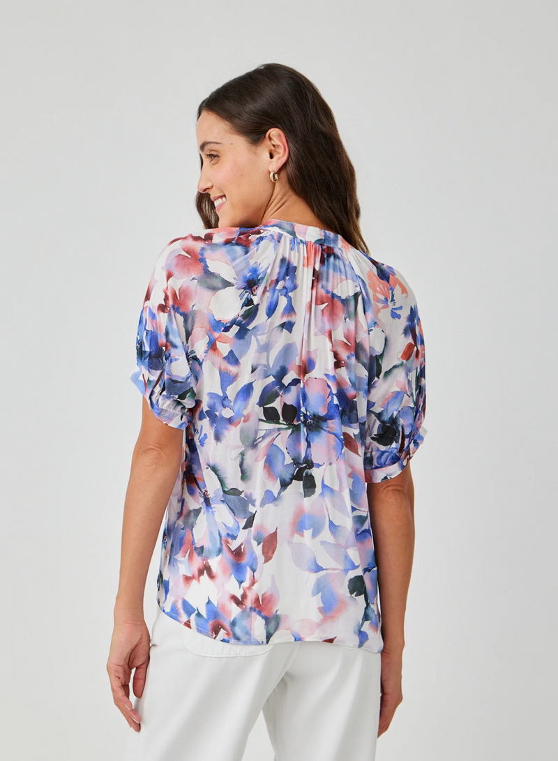 Short Sleeve Shirred Raglan Shirt - Magnolia Bloom Print