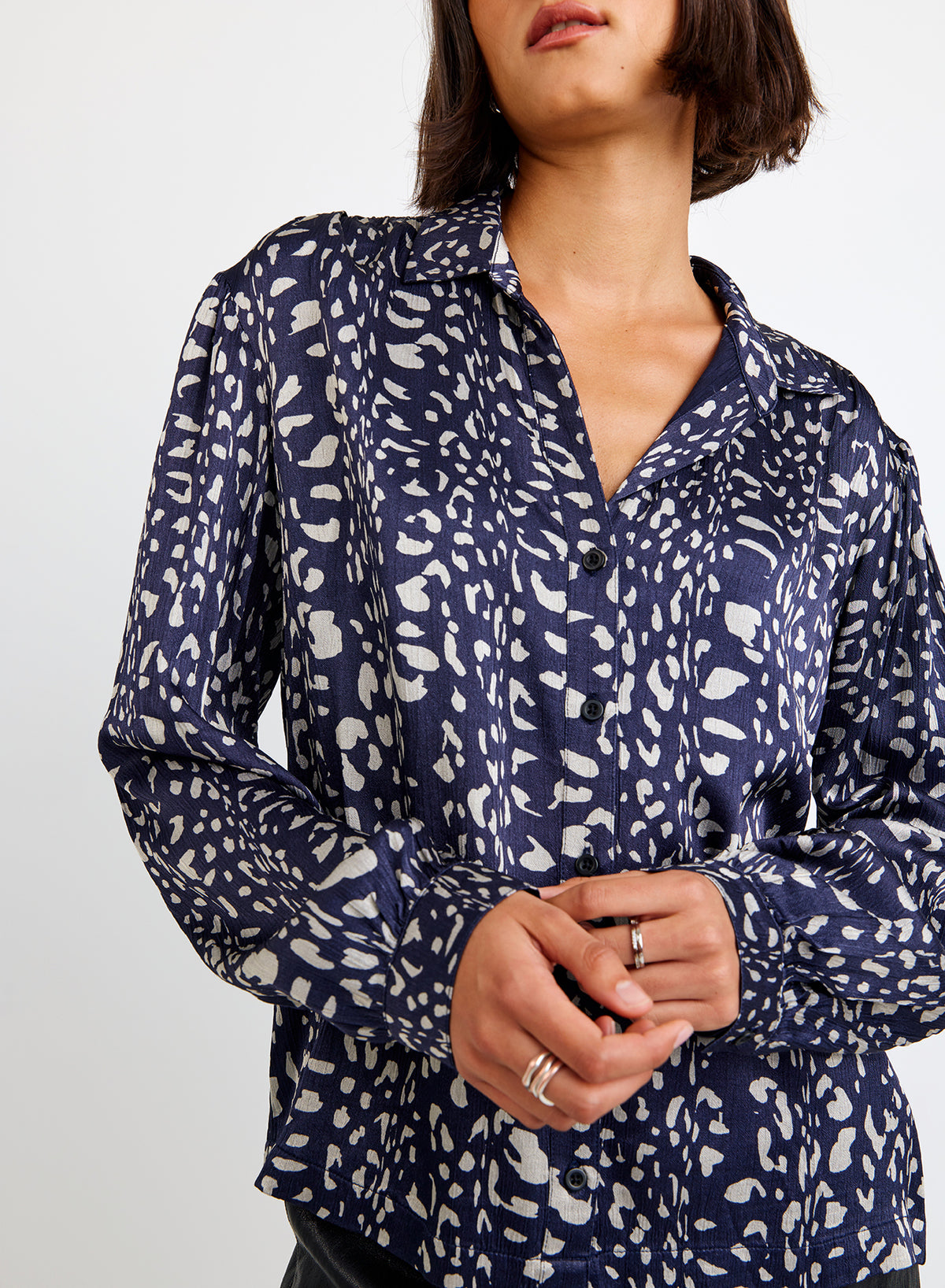 Shirred Shoulder Button Down - Arctic Animal Print