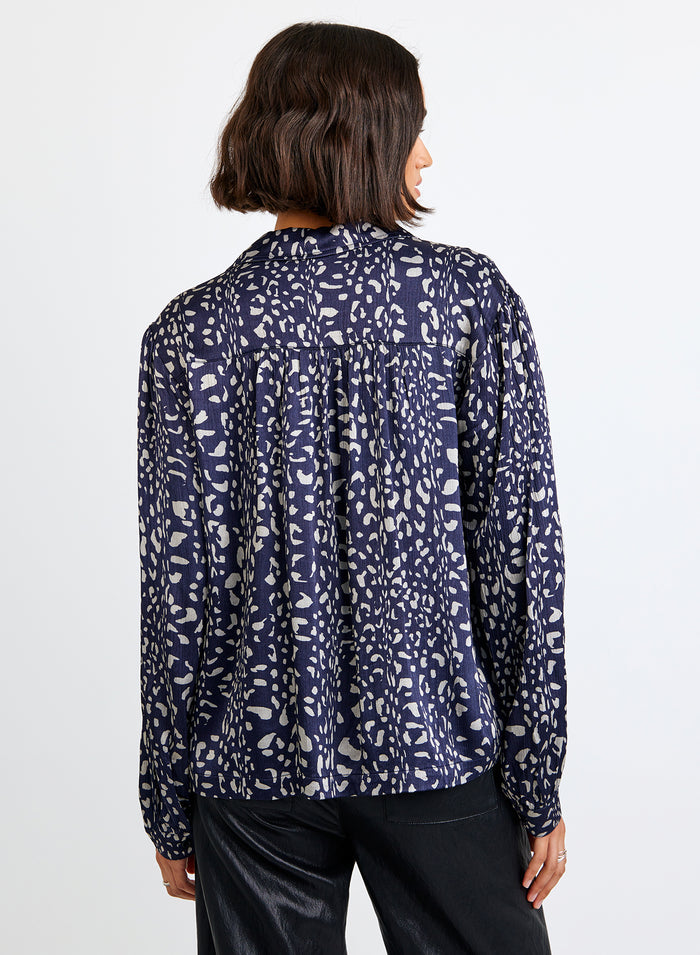 Shirred Shoulder Button Down - Arctic Animal Print
