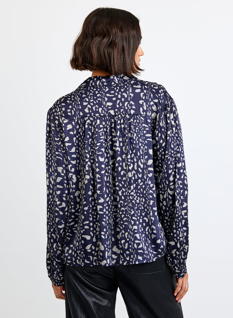 Shirred Shoulder Button Down - Arctic Animal Print