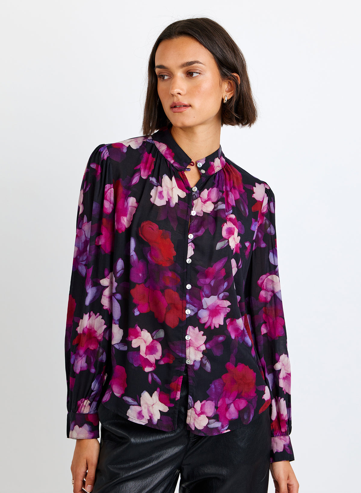 Shirred Button Up Blouse - Berry Bloom Print