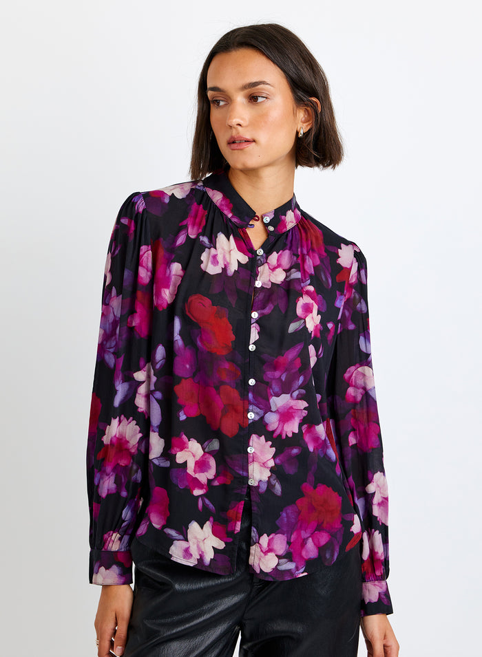 Shirred Button Up Blouse - Berry Bloom Print