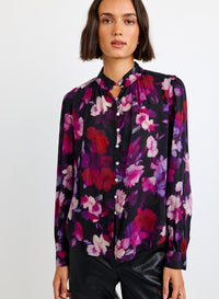 Shirred Button Up Blouse - Berry Bloom Print