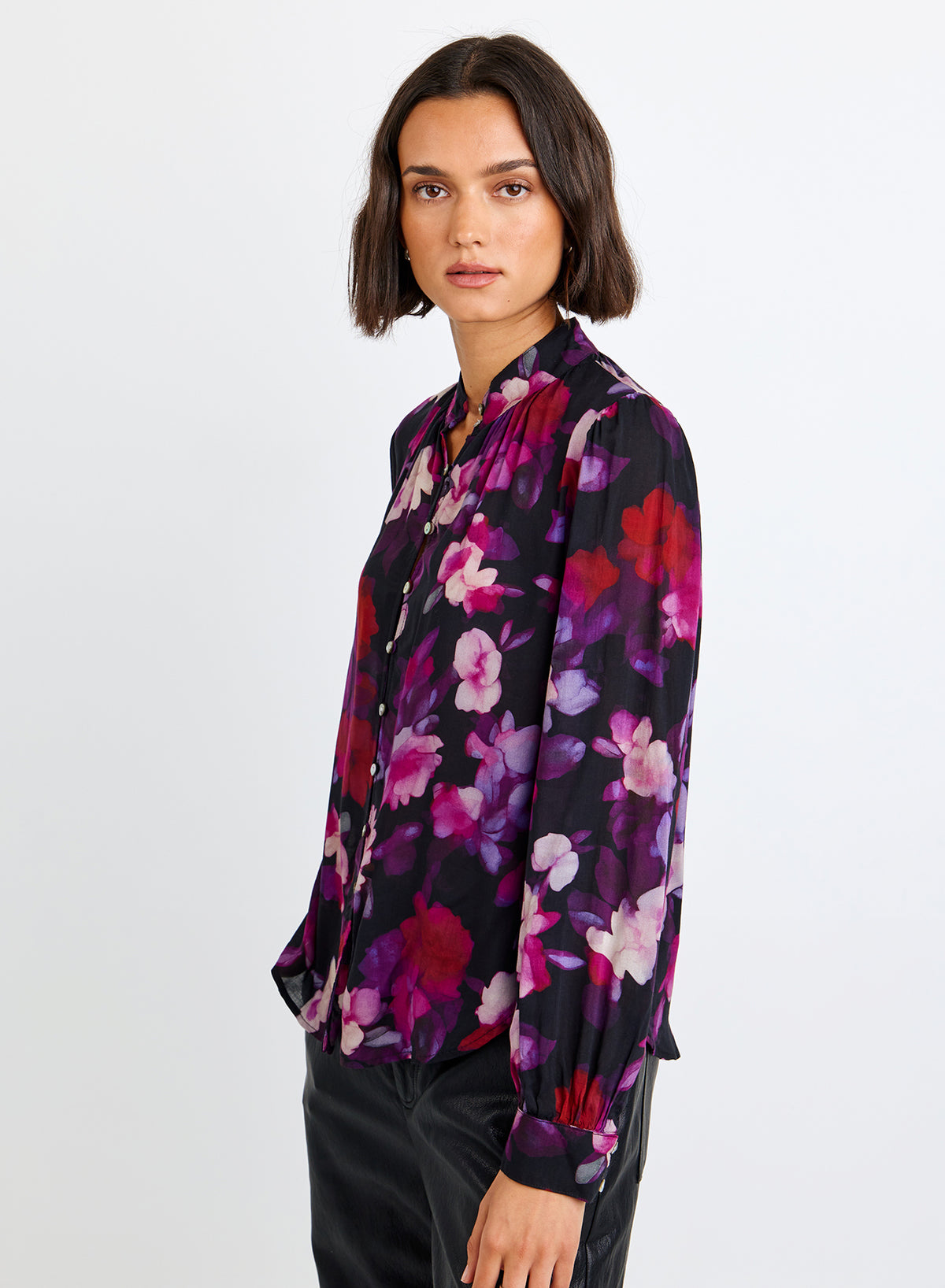Shirred Button Up Blouse - Berry Bloom Print
