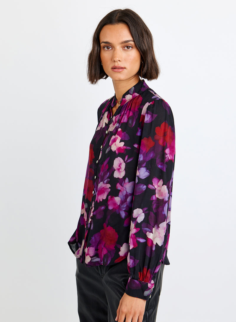 Shirred Button Up Blouse - Berry Bloom Print