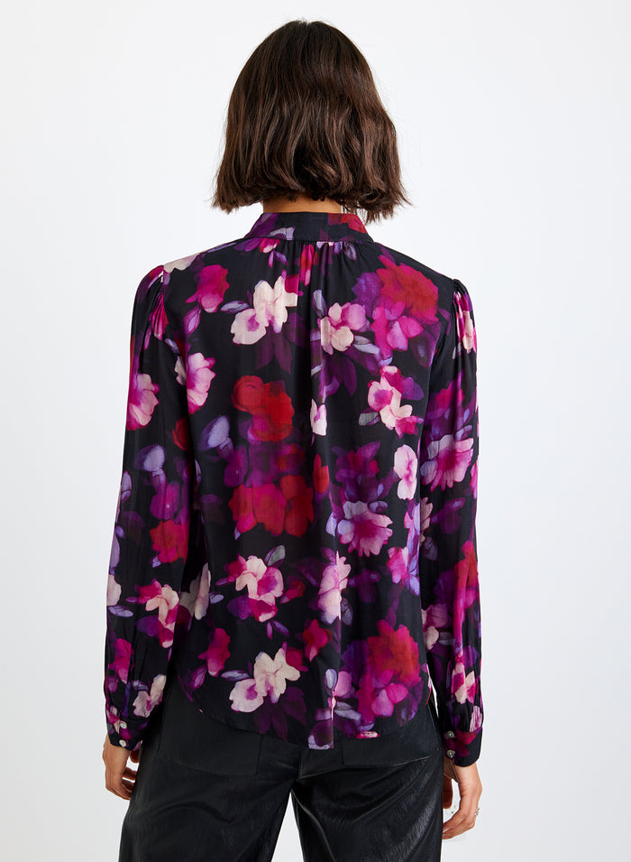 Shirred Button Up Blouse - Berry Bloom Print