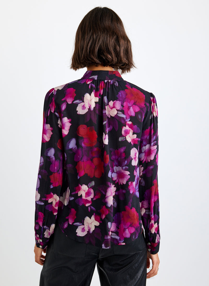 Shirred Button Up Blouse - Berry Bloom Print
