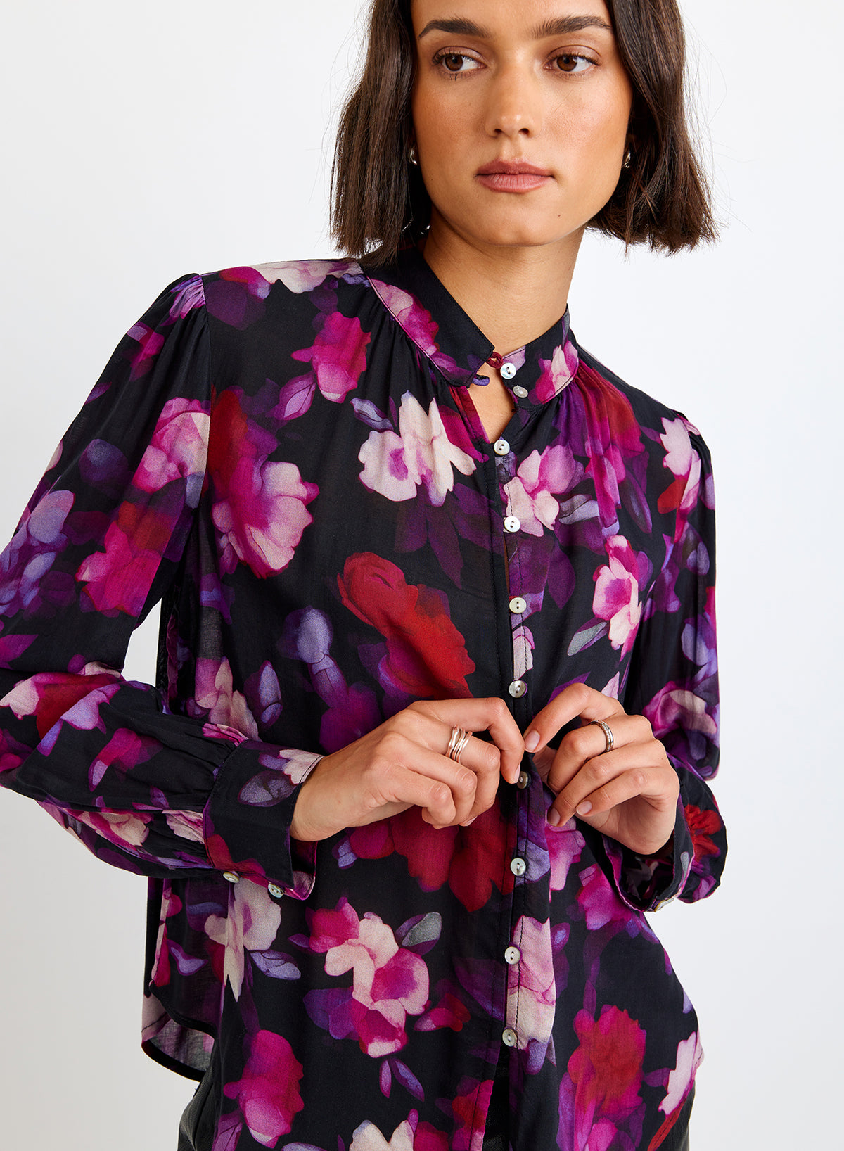 Shirred Button Up Blouse - Berry Bloom Print