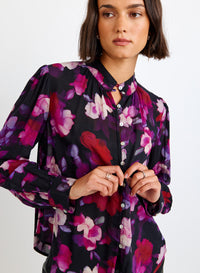 Shirred Button Up Blouse - Berry Bloom Print