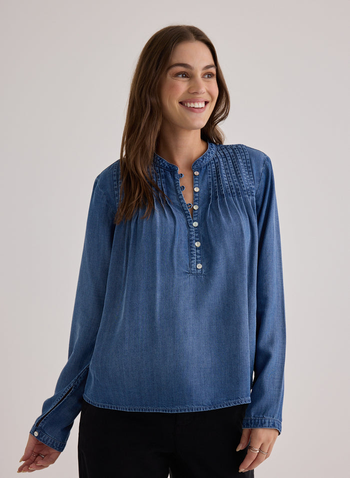 Long Sleeve Pintuck Pullover - Skyline Spray Wash