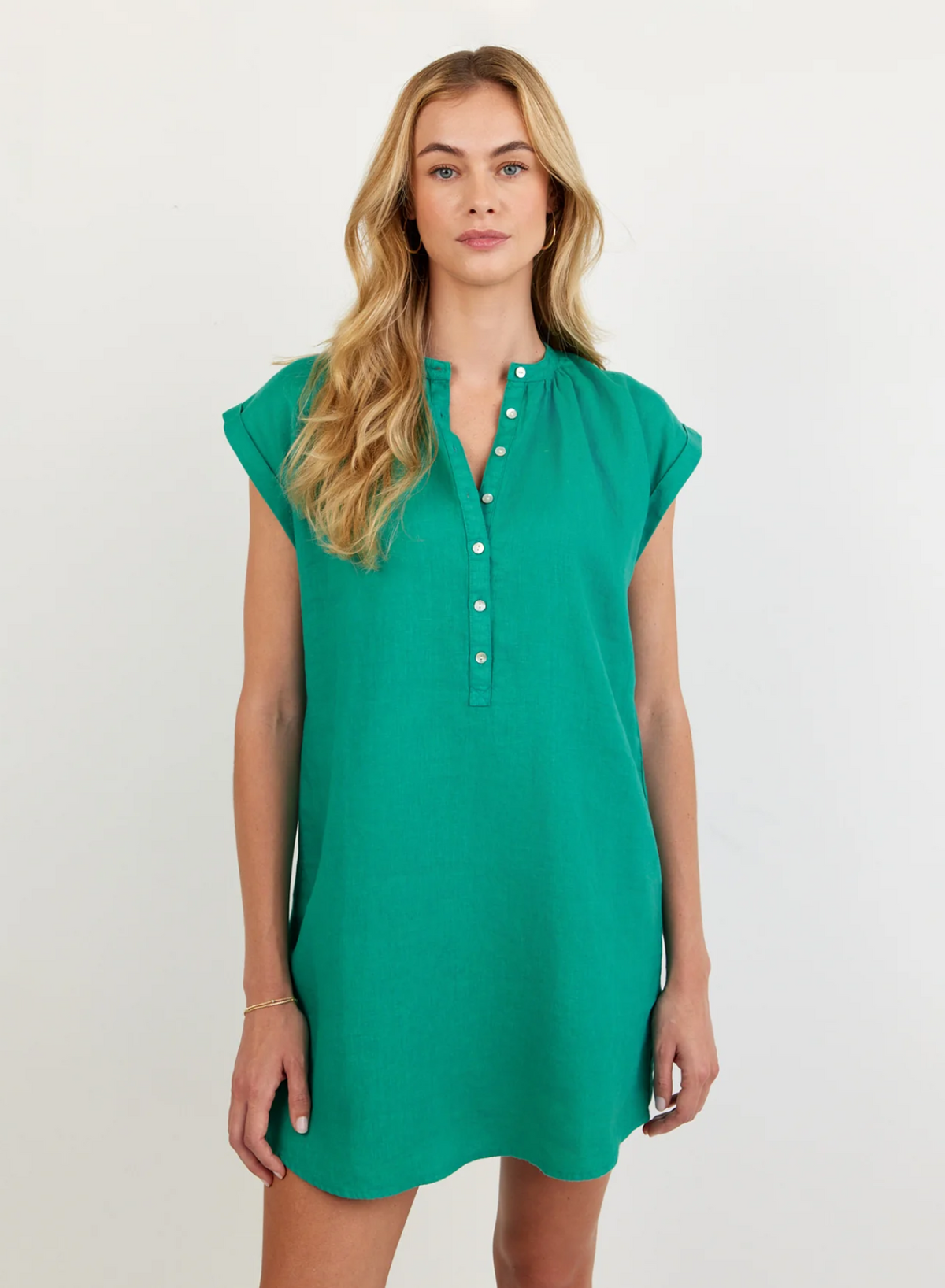 Cap Sleeve Henley Dress - Aqua Green