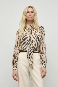 Printed Blouse With Detachable Scarf - Beige/Black