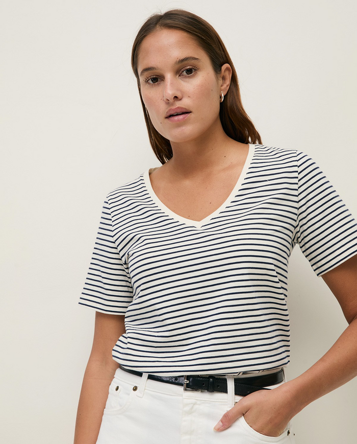 Striped Basic TShirt VNeck - Ecru/Navy