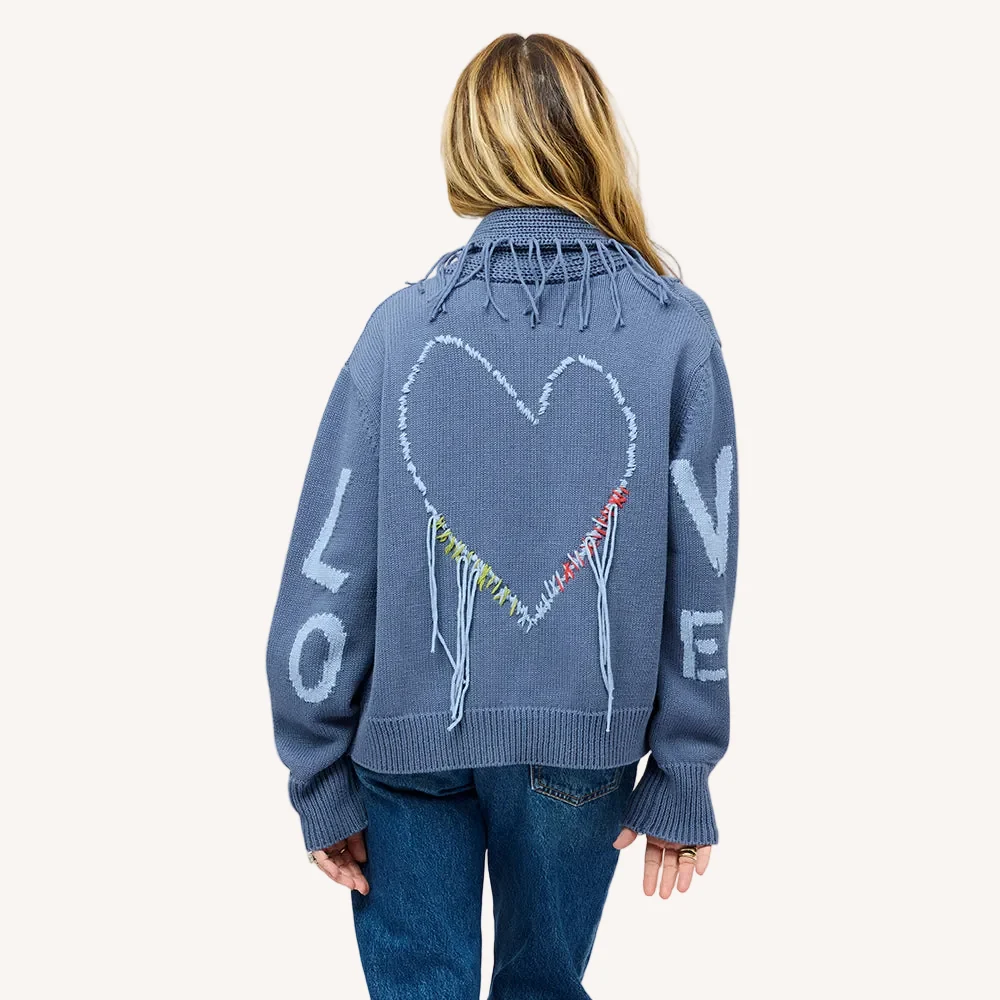 Fringe Shawl Collar Love Cardigan - Denim Blue