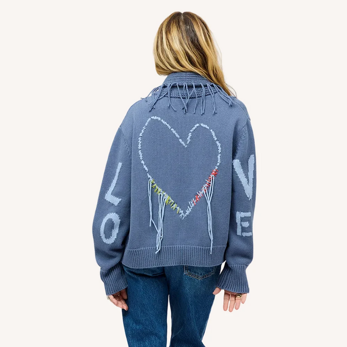 Fringe Shawl Collar Love Cardigan - Denim Blue