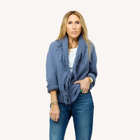 Fringe Shawl Collar Love Cardigan - Denim Blue
