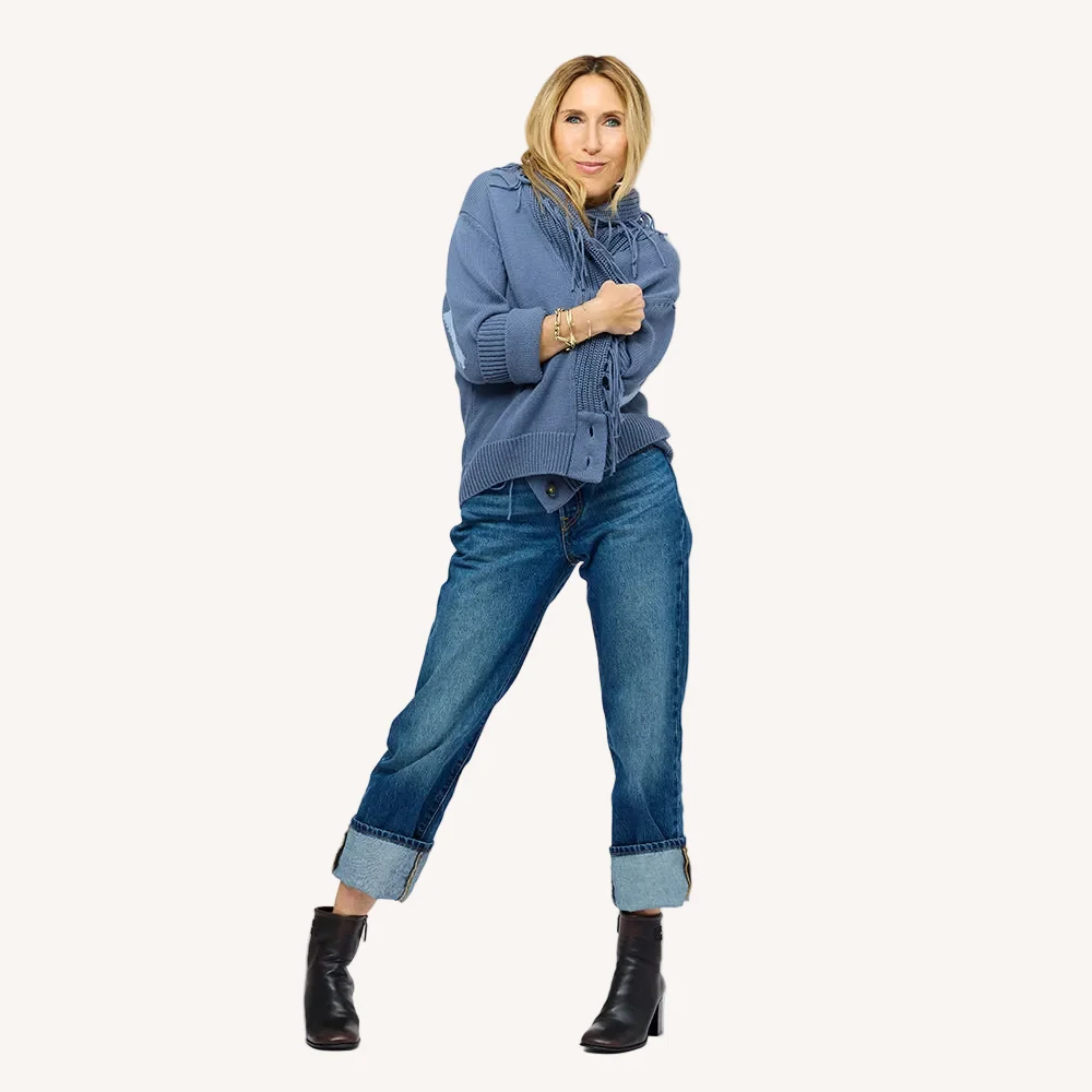 Fringe Shawl Collar Love Cardigan - Denim Blue